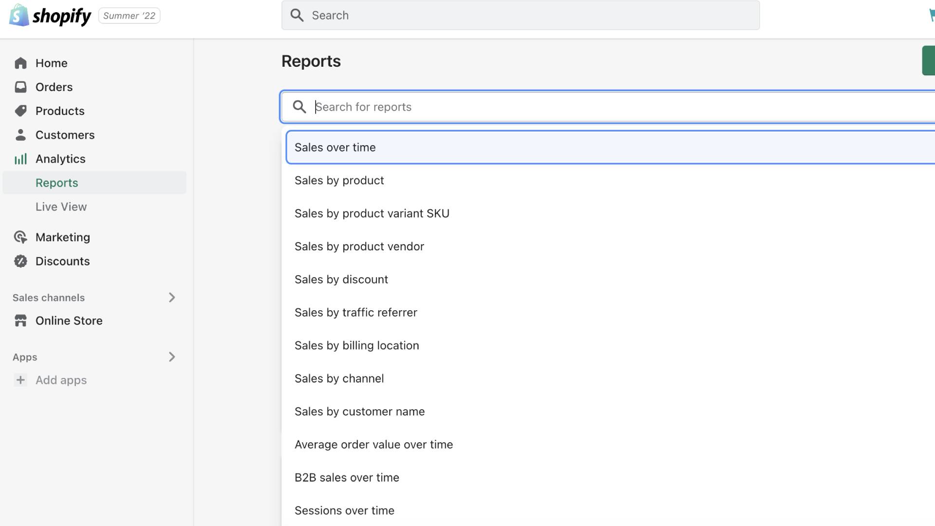shopify analytics sales reports printscreen