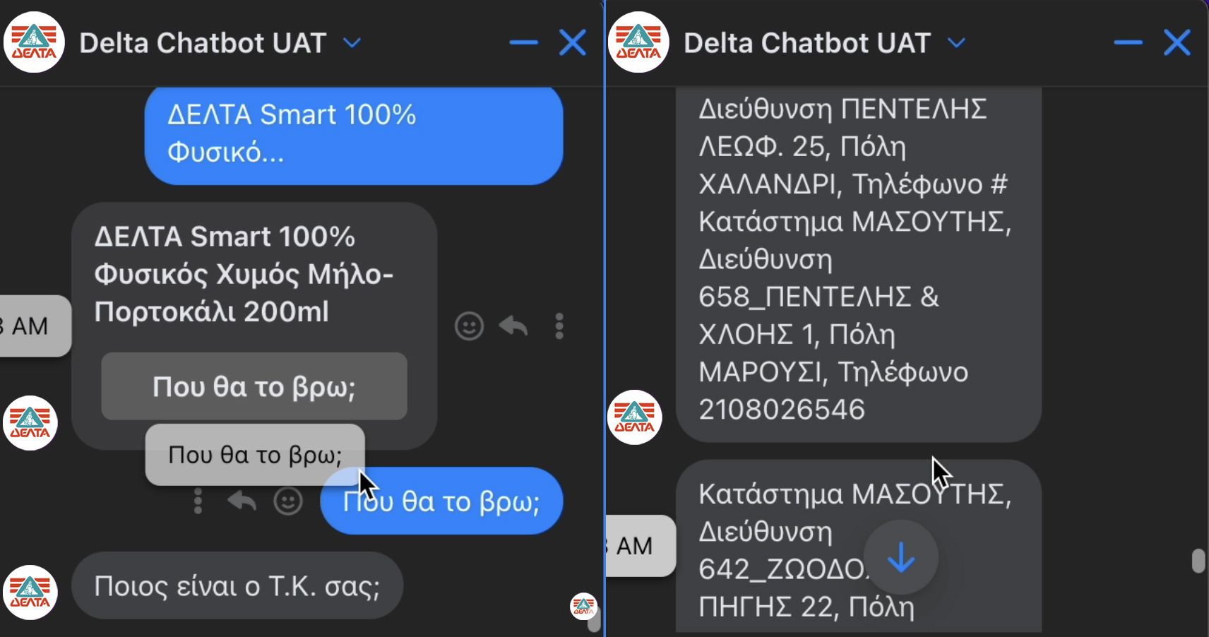 ΔΕΛΤΑ chatbot facebook printscreen sample - κατάστημα συνεργατών