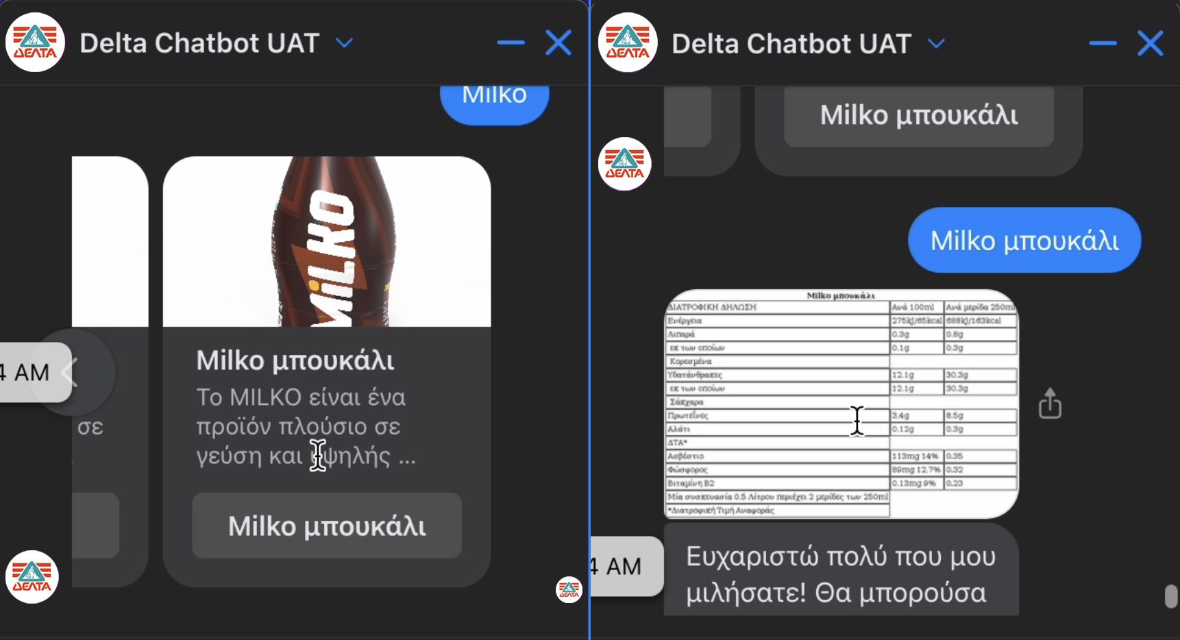 ΔΕΛΤΑ chatbot facebook printscreen sample - milko πληροφορίες