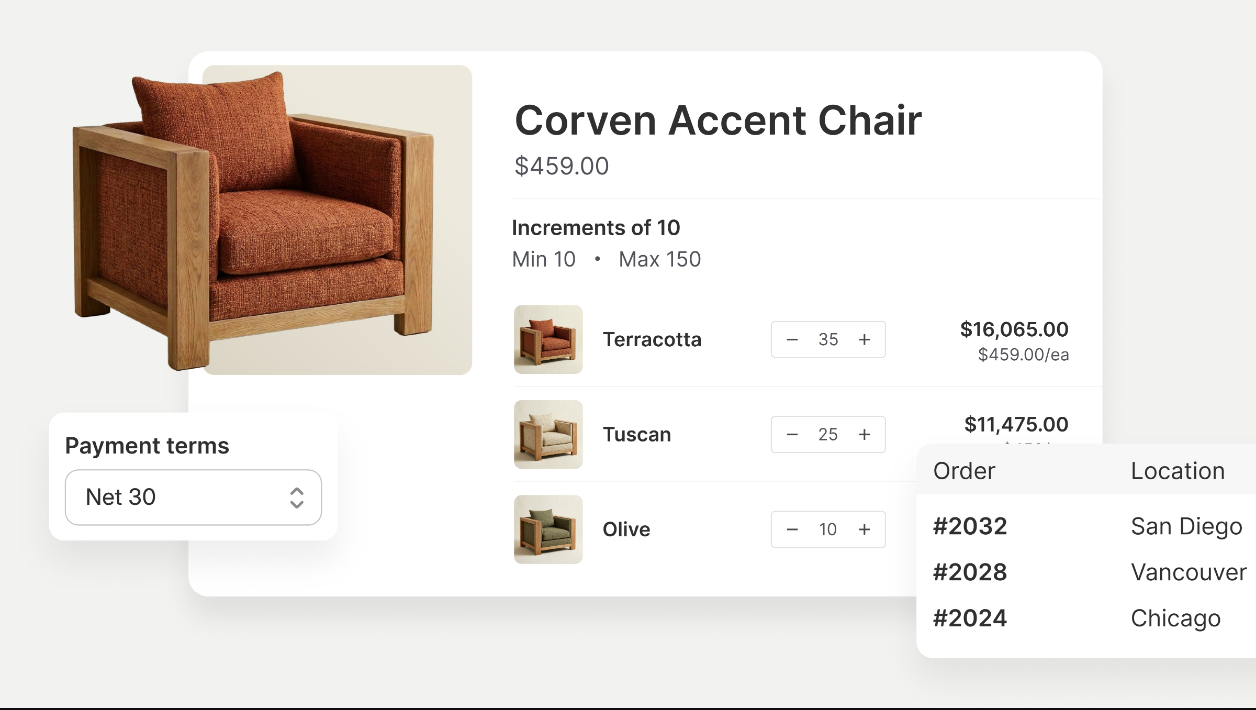 Shopify B2B UI — Corven chair, bulk ordering, Net 30 payment terms
