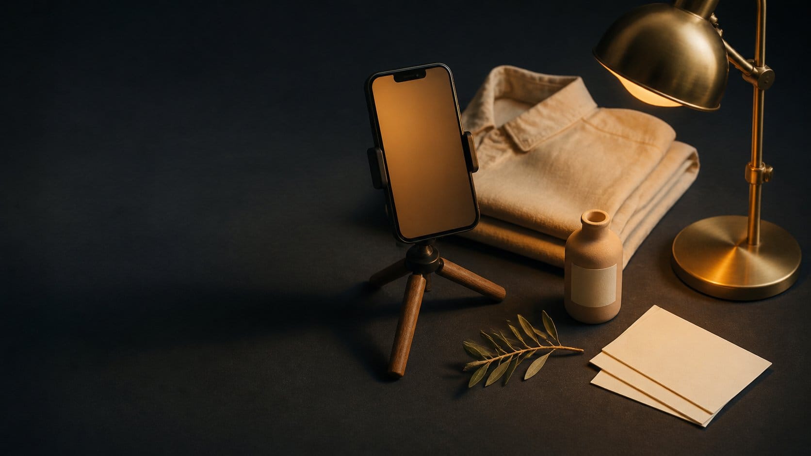 Creator ως micro-studio — compact creative workspace με smartphone, brass lamp, linen